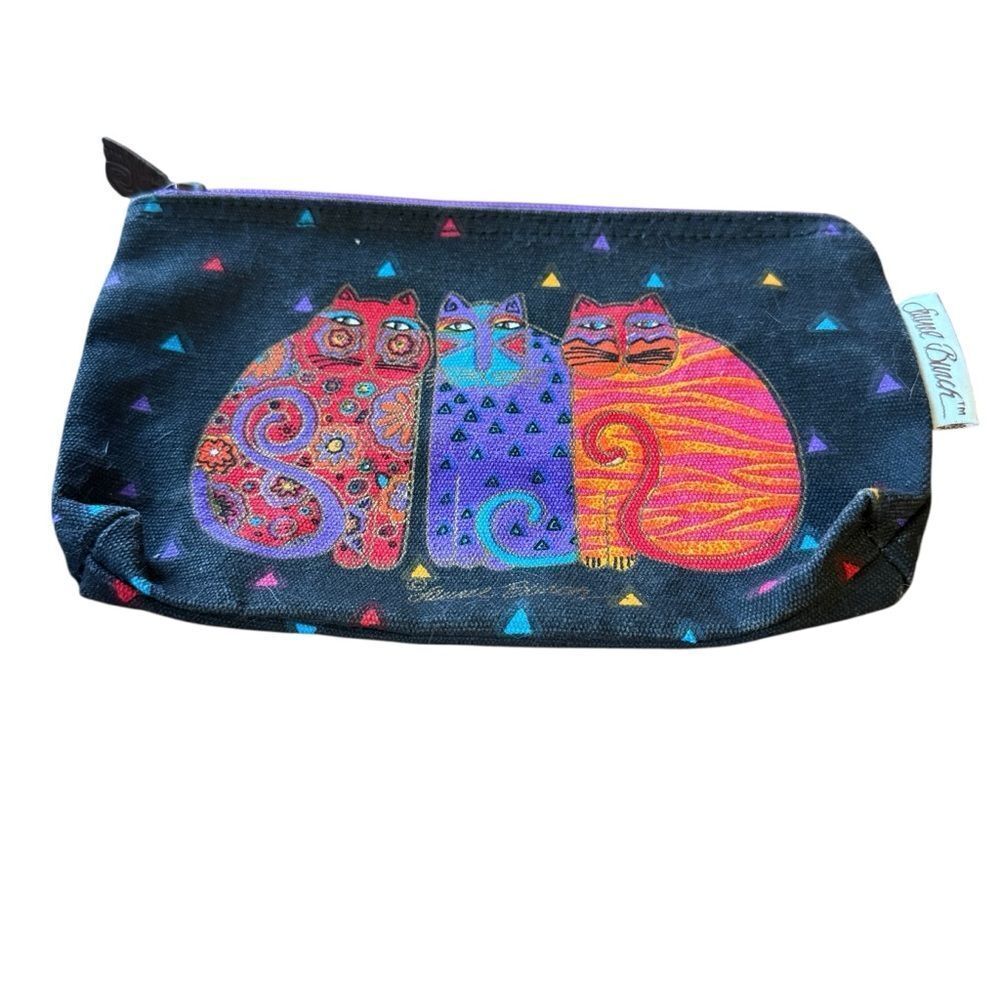 Laurel Burch "Feline Friends" Cosmetic Bag Whimsical Colorful Cats Black Canvas